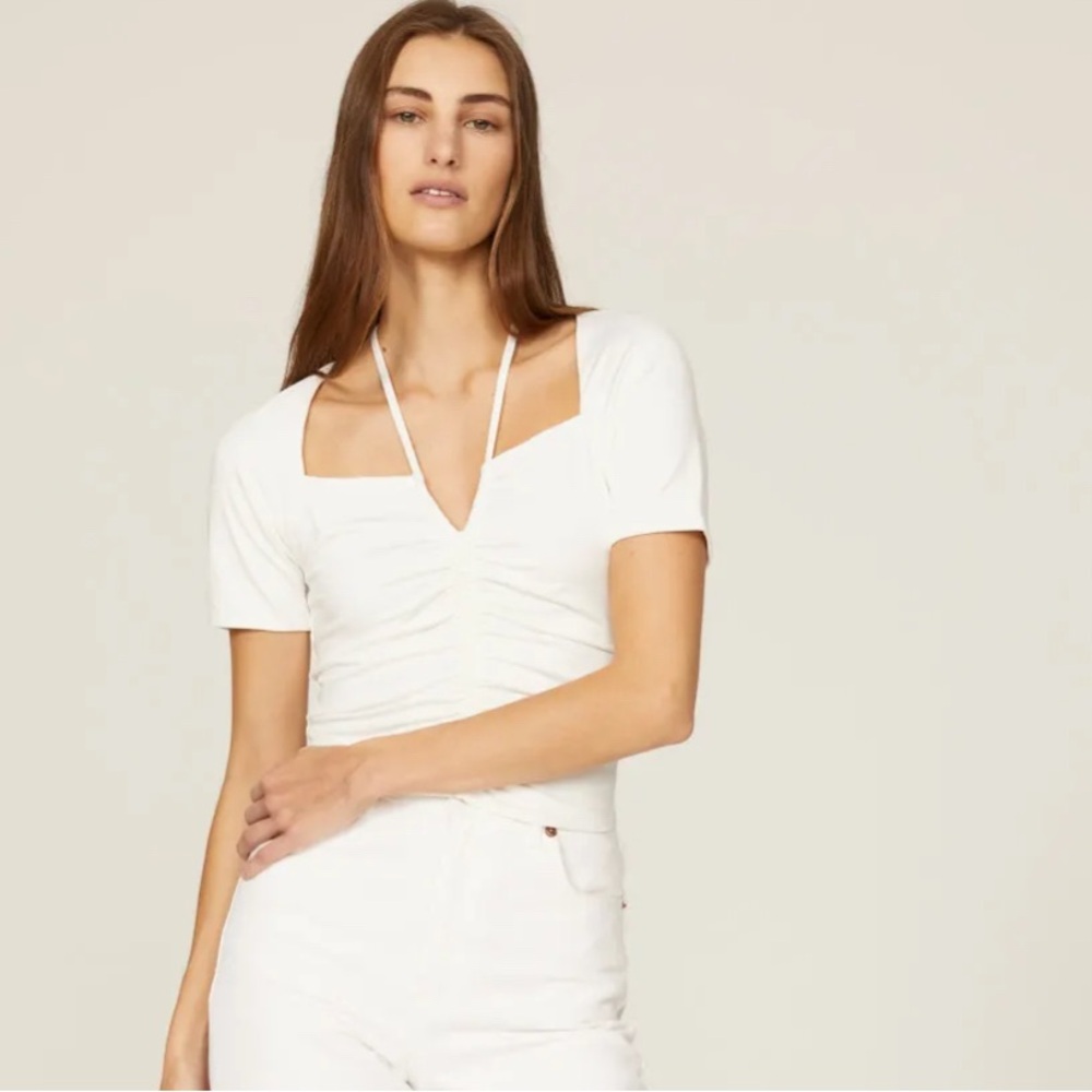 White Square-Neck Ruched Short Sleeve Top Small Love Whit, by Whitney Port